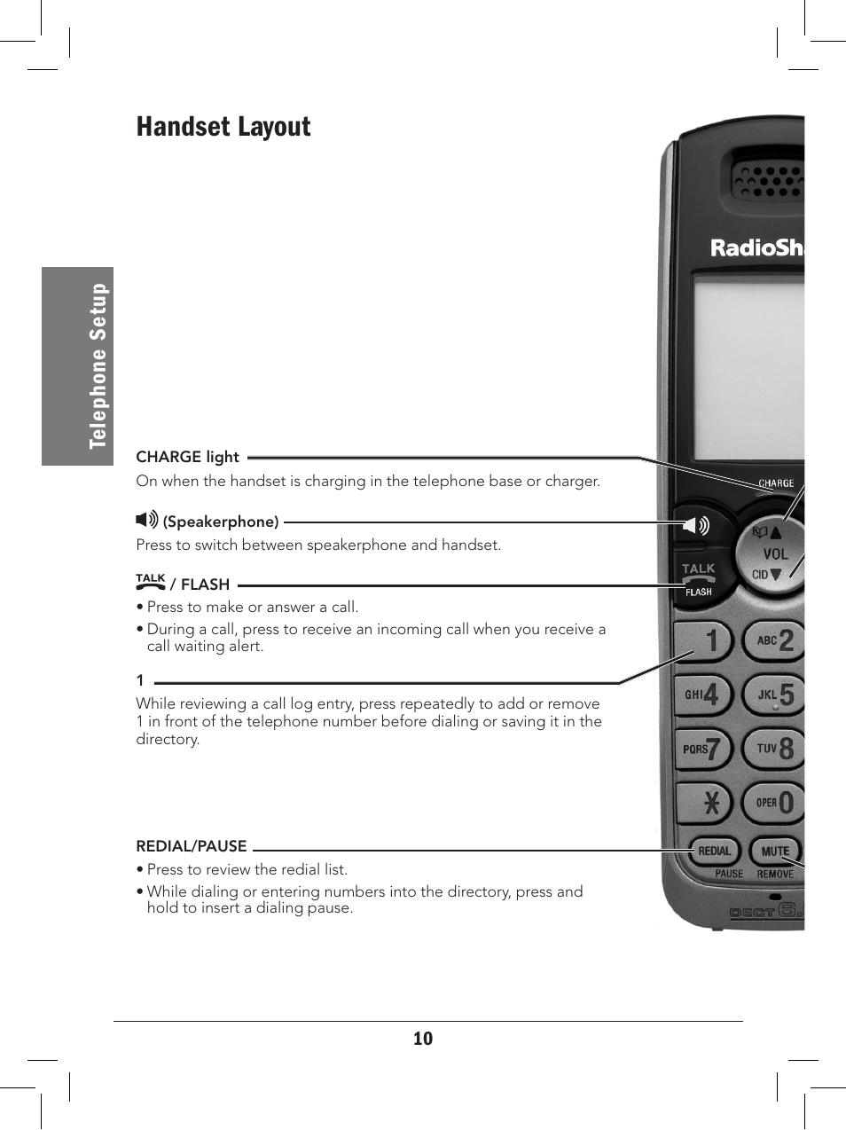 Handset layout, Te le ph on e se tu p | Radio Shack 43-329 User Manual | Page 10 / 56