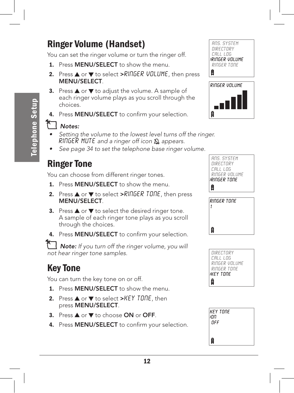 Ringer volume (handset), Ringer tone, Key tone | Te le ph on e se tu p | Radio Shack 43-329 User Manual | Page 12 / 56