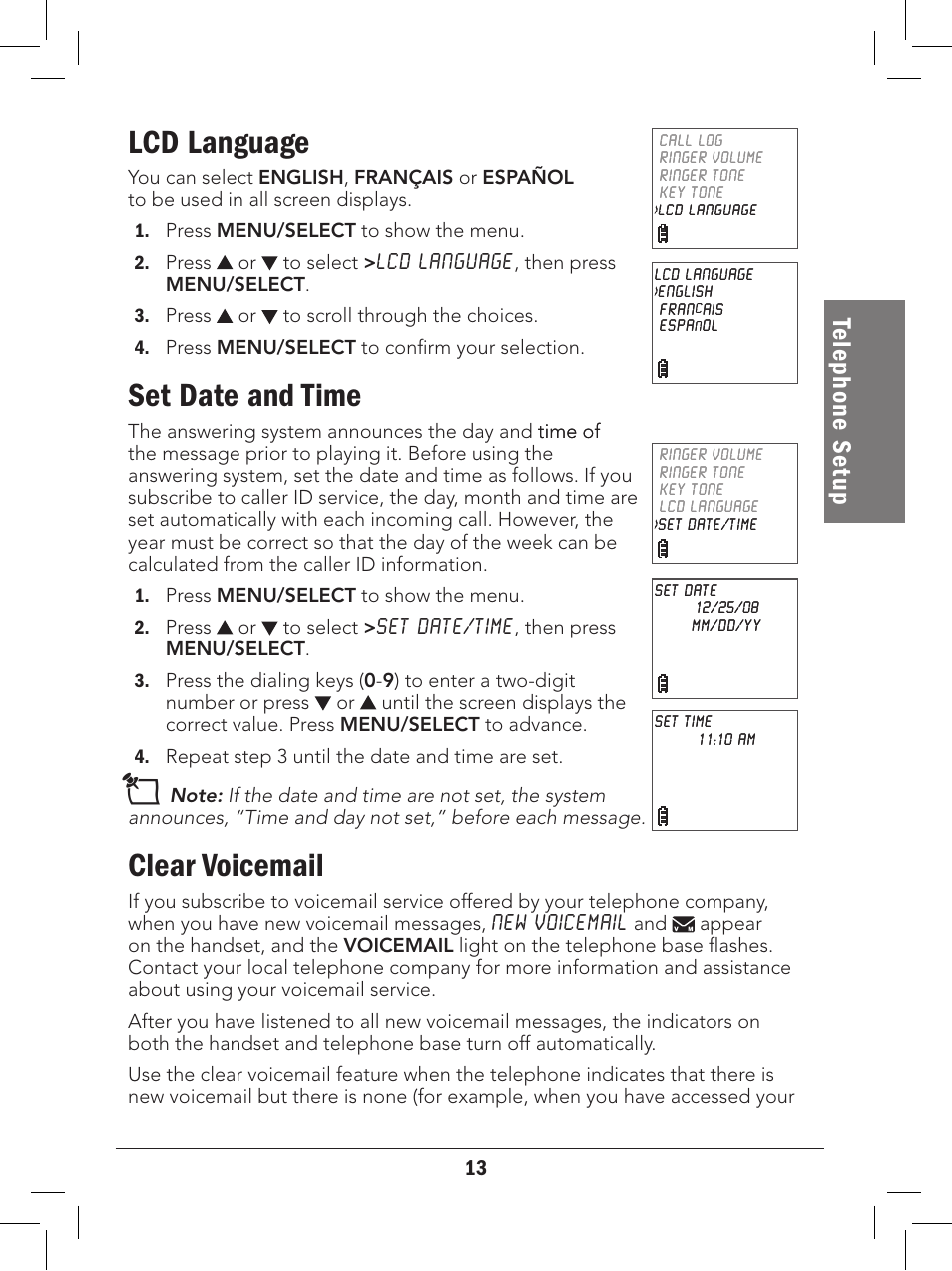 Lcd language, Set date and time, Clear voicemail | Te le ph on e s et up | Radio Shack 43-329 User Manual | Page 13 / 56