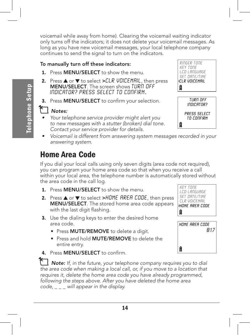 Home area code, Te le ph on e se tu p | Radio Shack 43-329 User Manual | Page 14 / 56