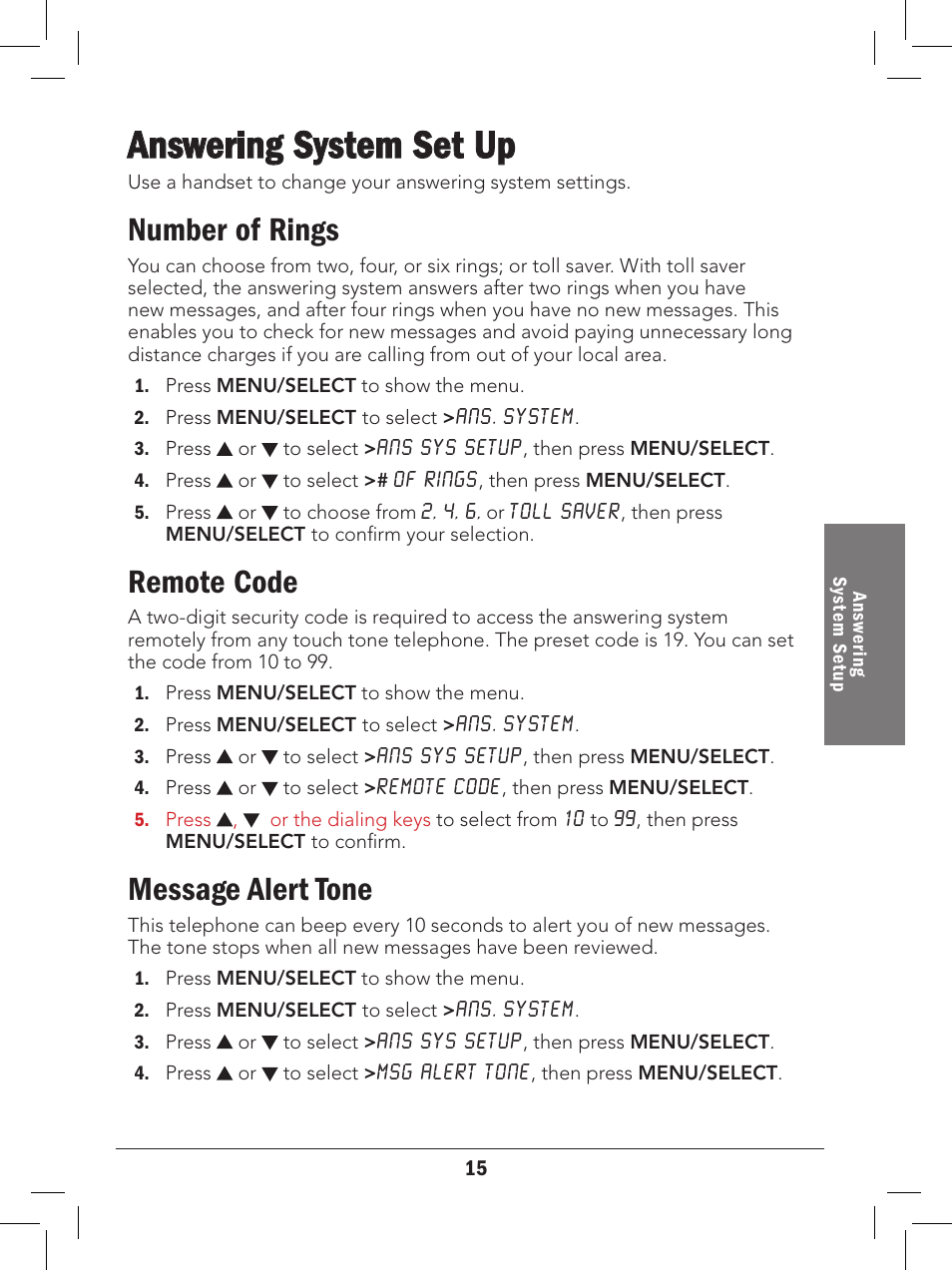 Answering system set up, Number of rings, Remote code | Message alert tone | Radio Shack 43-329 User Manual | Page 15 / 56