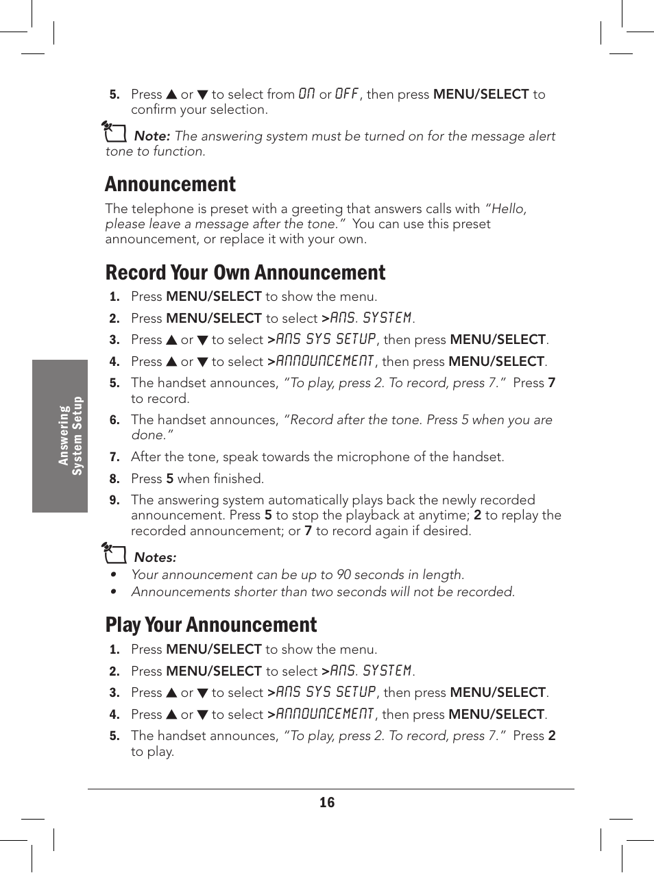 Announcement, Record your own announcement, Play your announcement | Radio Shack 43-329 User Manual | Page 16 / 56