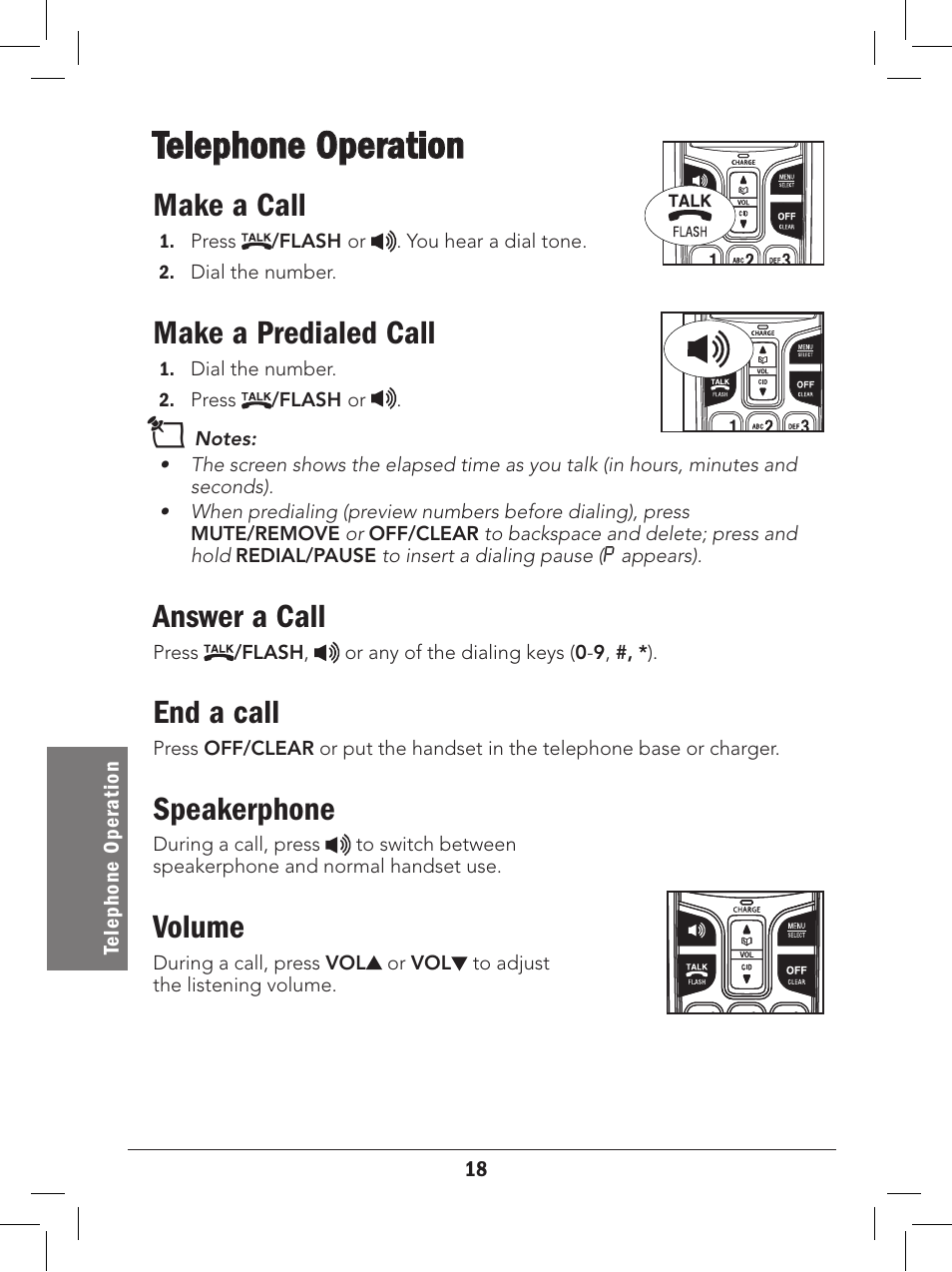 Telephone operation, Make a call, Make a predialed call | Answer a call, End a call, Speakerphone, Volume | Radio Shack 43-329 User Manual | Page 18 / 56