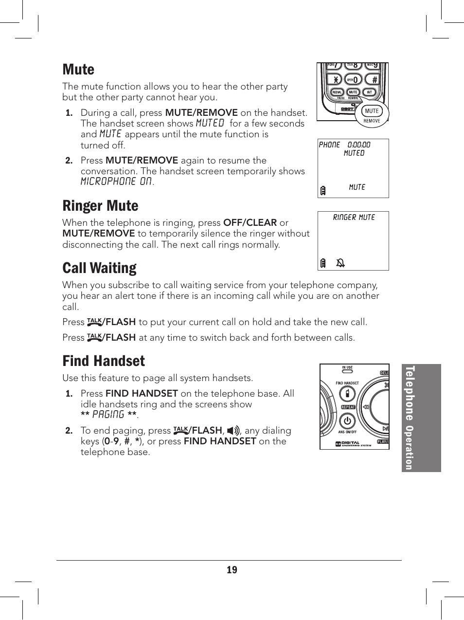 Mute, Ringer mute, Call waiting | Find handset, Te le ph on e | Radio Shack 43-329 User Manual | Page 19 / 56