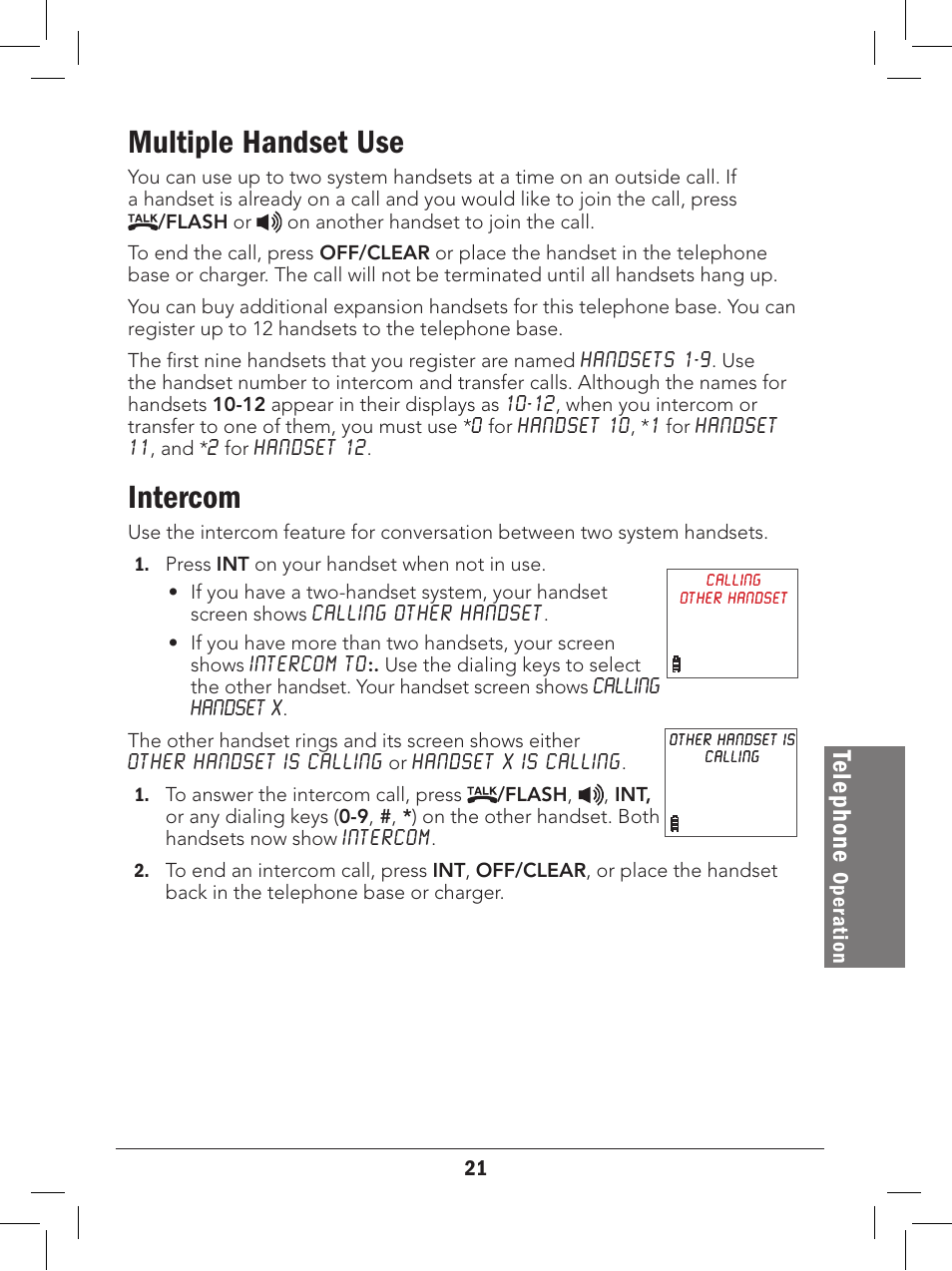 Multiple handset use, Intercom, Te le ph on e | Radio Shack 43-329 User Manual | Page 21 / 56