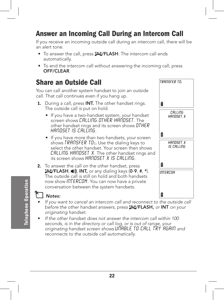 Answer an incoming call during an intercom call, Share an outside call | Radio Shack 43-329 User Manual | Page 22 / 56