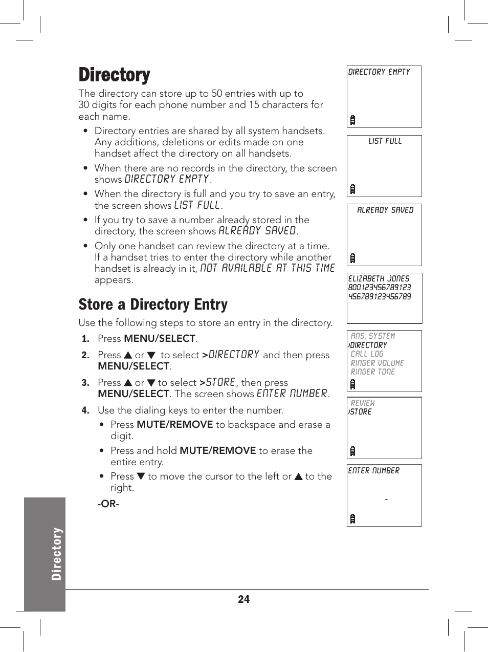 Directory, Store a directory entry, Dir ec to ry | Radio Shack 43-329 User Manual | Page 24 / 56