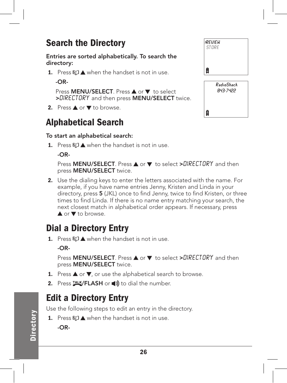 Search the directory, Alphabetical search, Dial a directory entry | Edit a directory entry, Dir ec to ry | Radio Shack 43-329 User Manual | Page 26 / 56