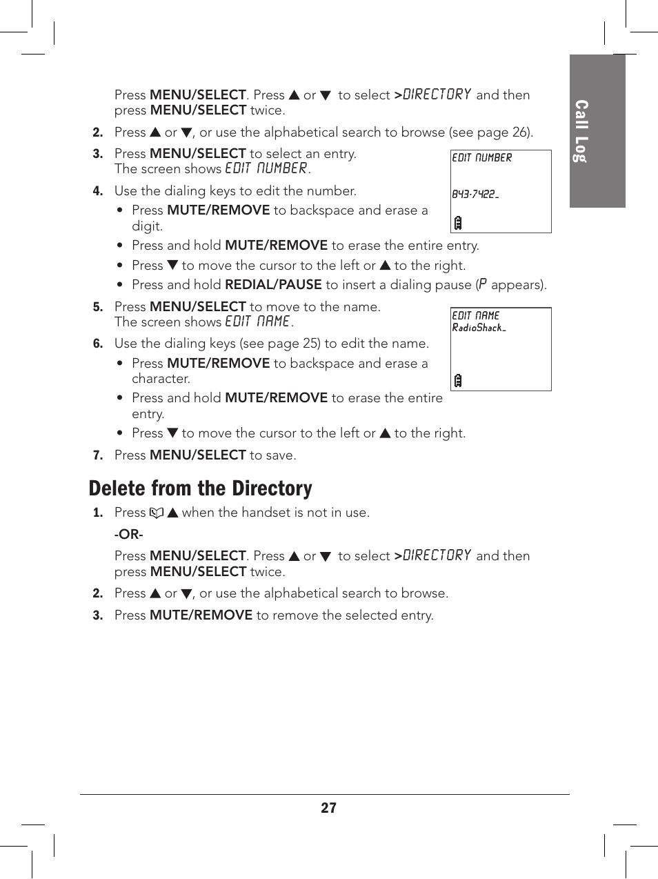 Delete from the directory, Call l og | Radio Shack 43-329 User Manual | Page 27 / 56