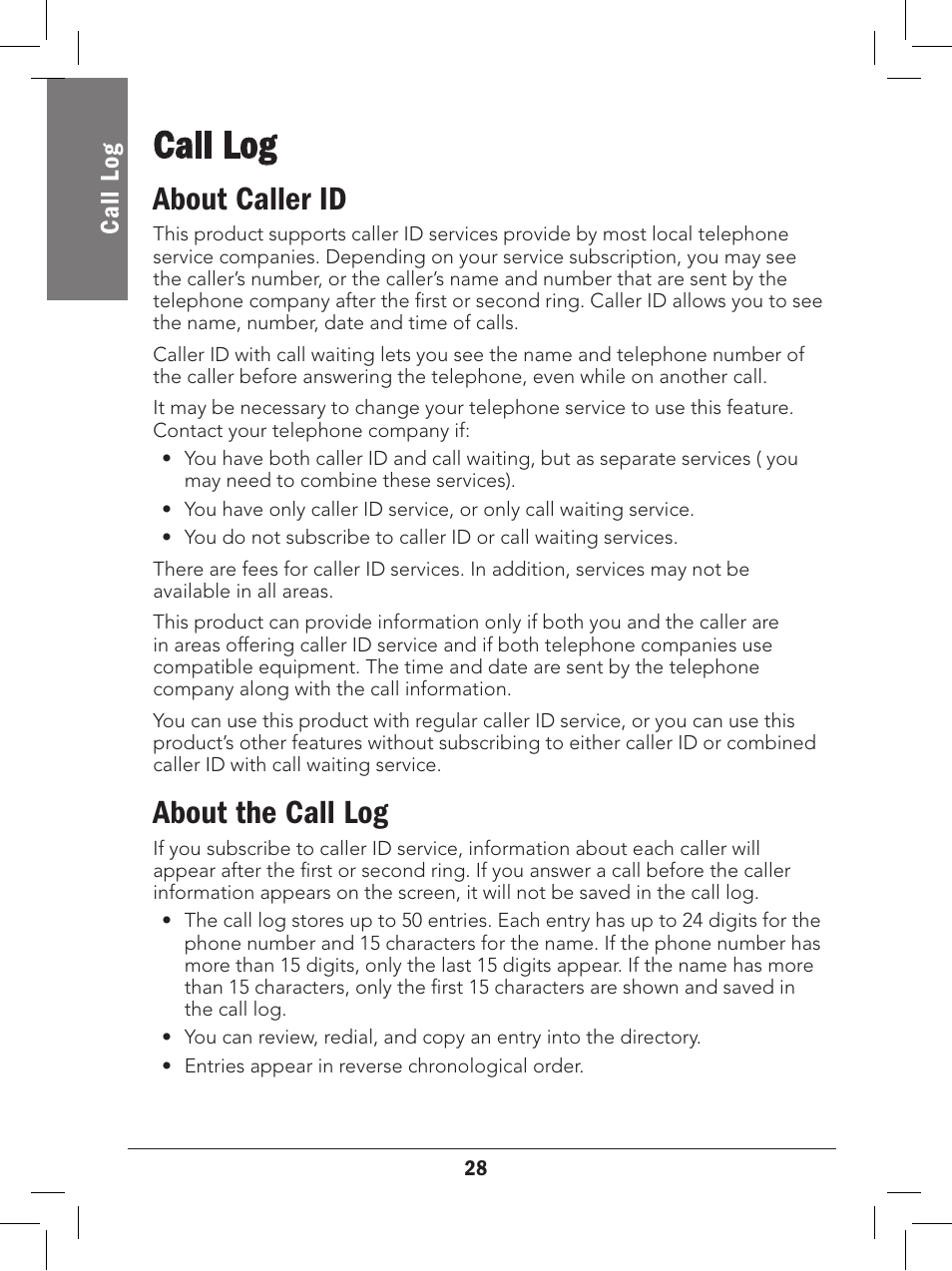 Call log, About caller id, About the call log | Cal l lo g | Radio Shack 43-329 User Manual | Page 28 / 56