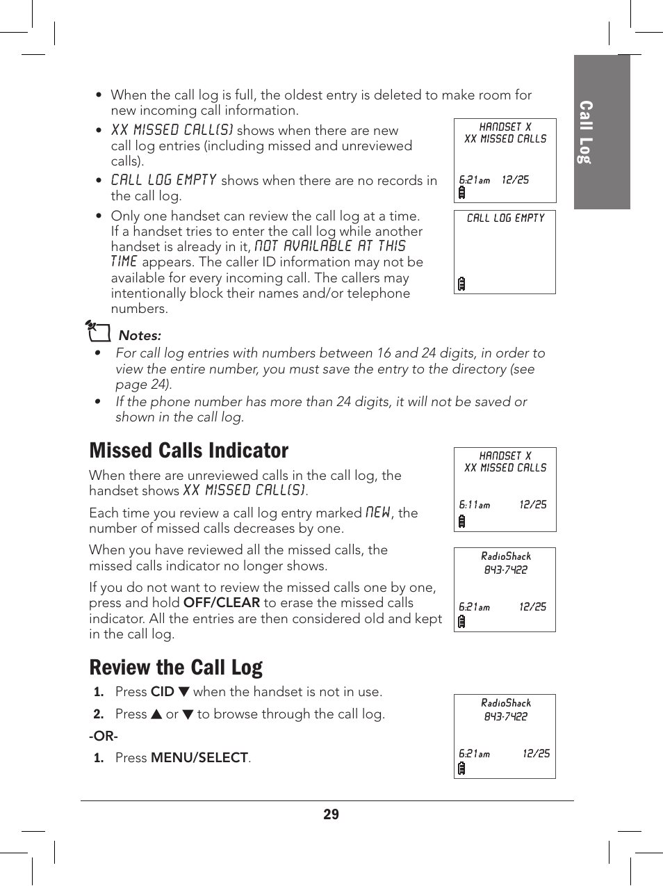 Missed calls indicator, Review the call log, Call l og | Radio Shack 43-329 User Manual | Page 29 / 56