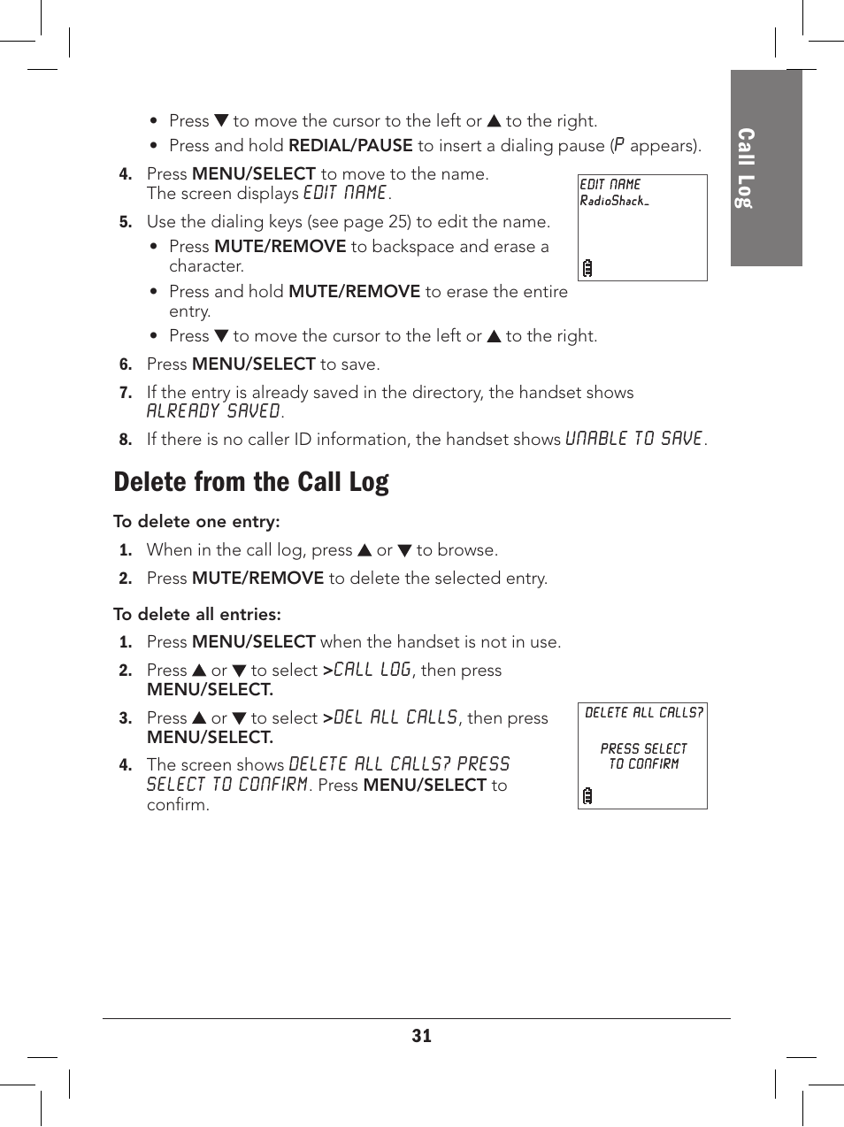 Delete from the call log, Call l og | Radio Shack 43-329 User Manual | Page 31 / 56