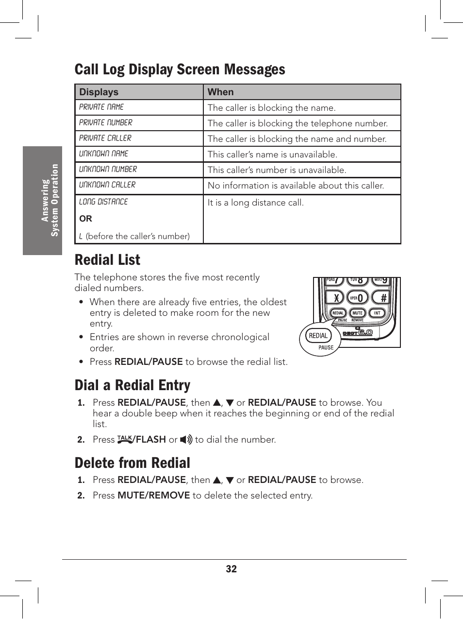 Call log display screen messages, Redial list, Dial a redial entry | Delete from redial | Radio Shack 43-329 User Manual | Page 32 / 56