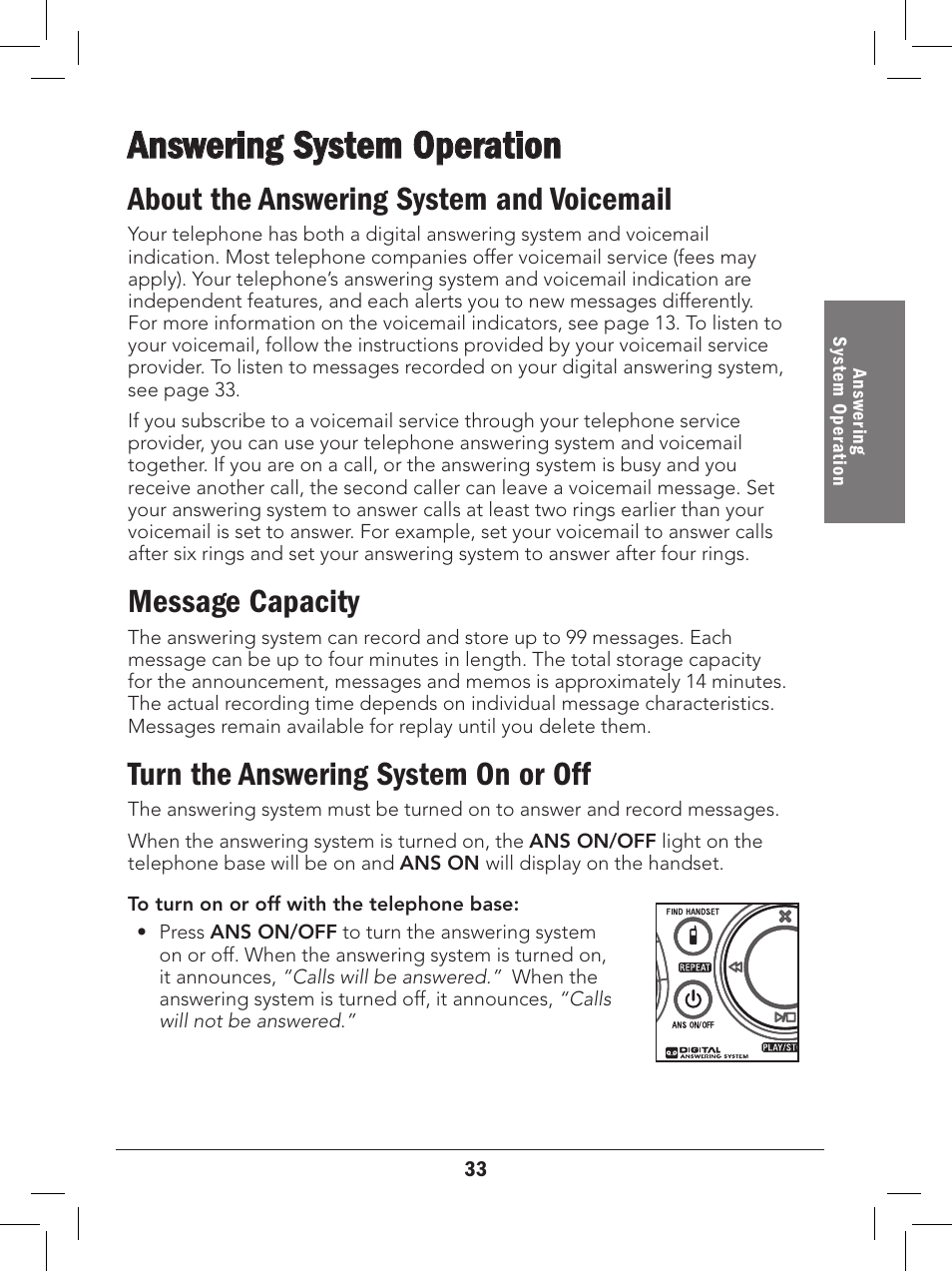 Answering system operation, About the answering system and voicemail, Message capacity | Turn the answering system on or off | Radio Shack 43-329 User Manual | Page 33 / 56