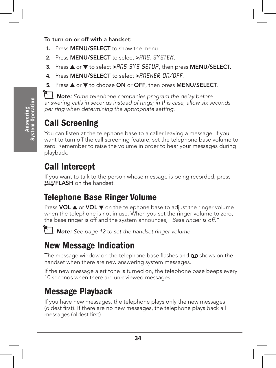 Call screening, Call intercept, Telephone base ringer volume | New message indication, Message playback | Radio Shack 43-329 User Manual | Page 34 / 56