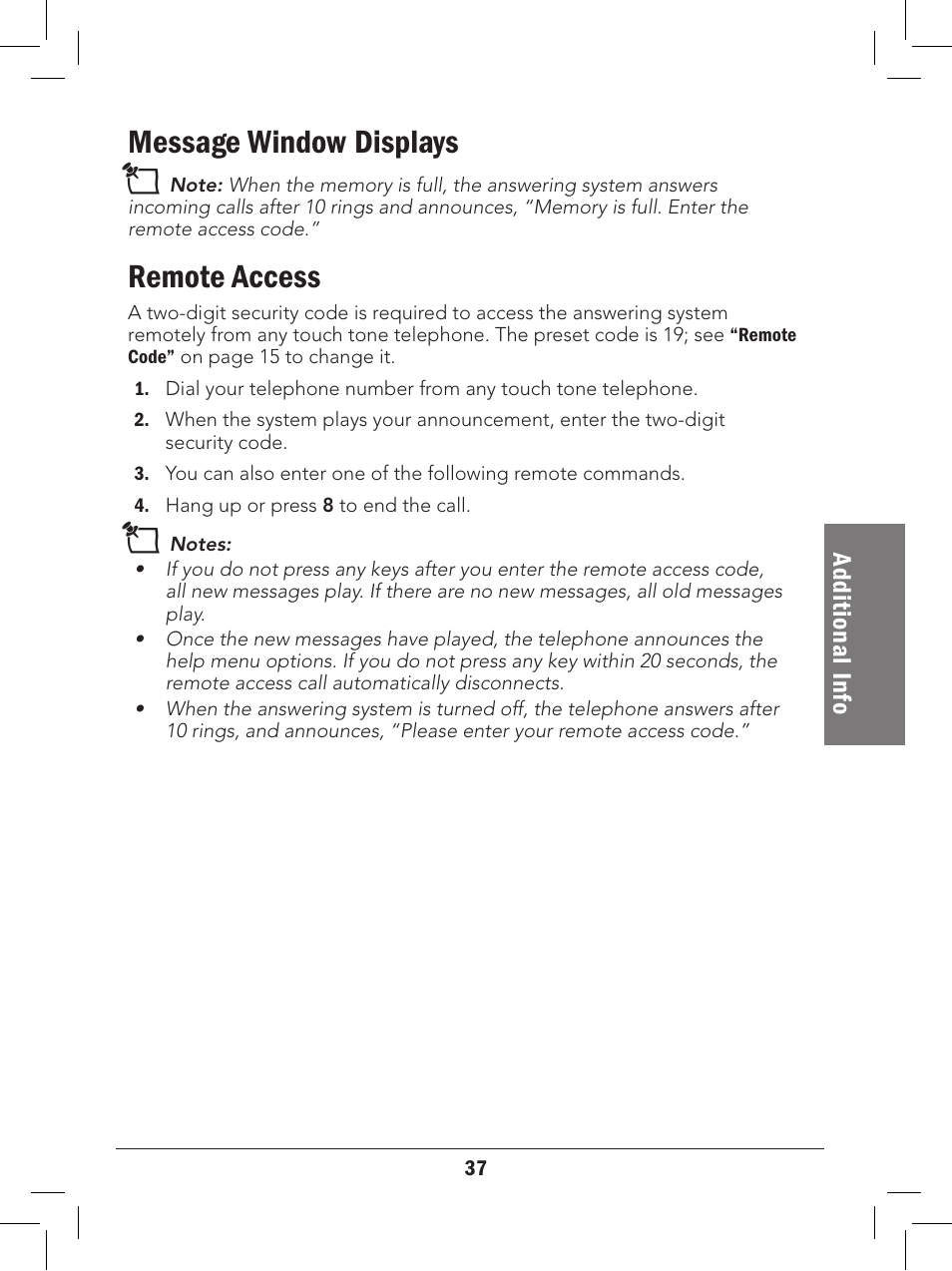 Message window displays, Remote access | Radio Shack 43-329 User Manual | Page 37 / 56