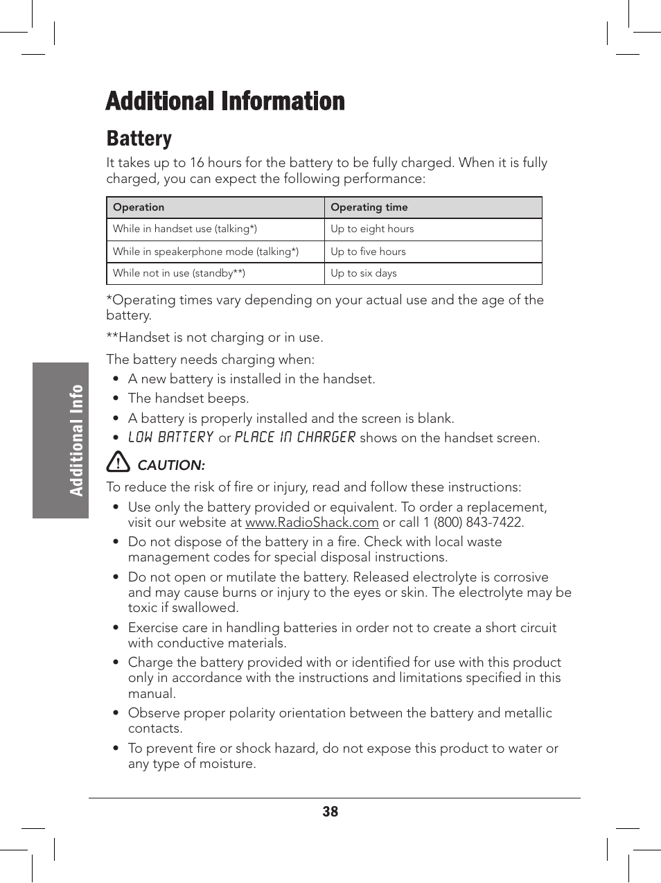 Additional information, Battery, Ad di ti on al i nf o | Radio Shack 43-329 User Manual | Page 38 / 56