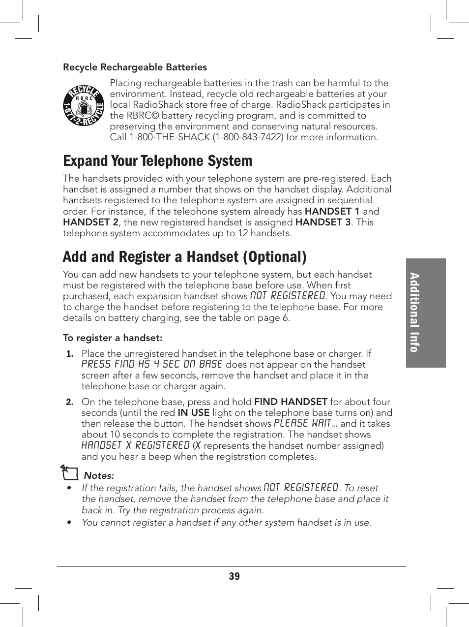 Expand your telephone system, Add and register a handset (optional), Ad dit io na l i nfo | Radio Shack 43-329 User Manual | Page 39 / 56