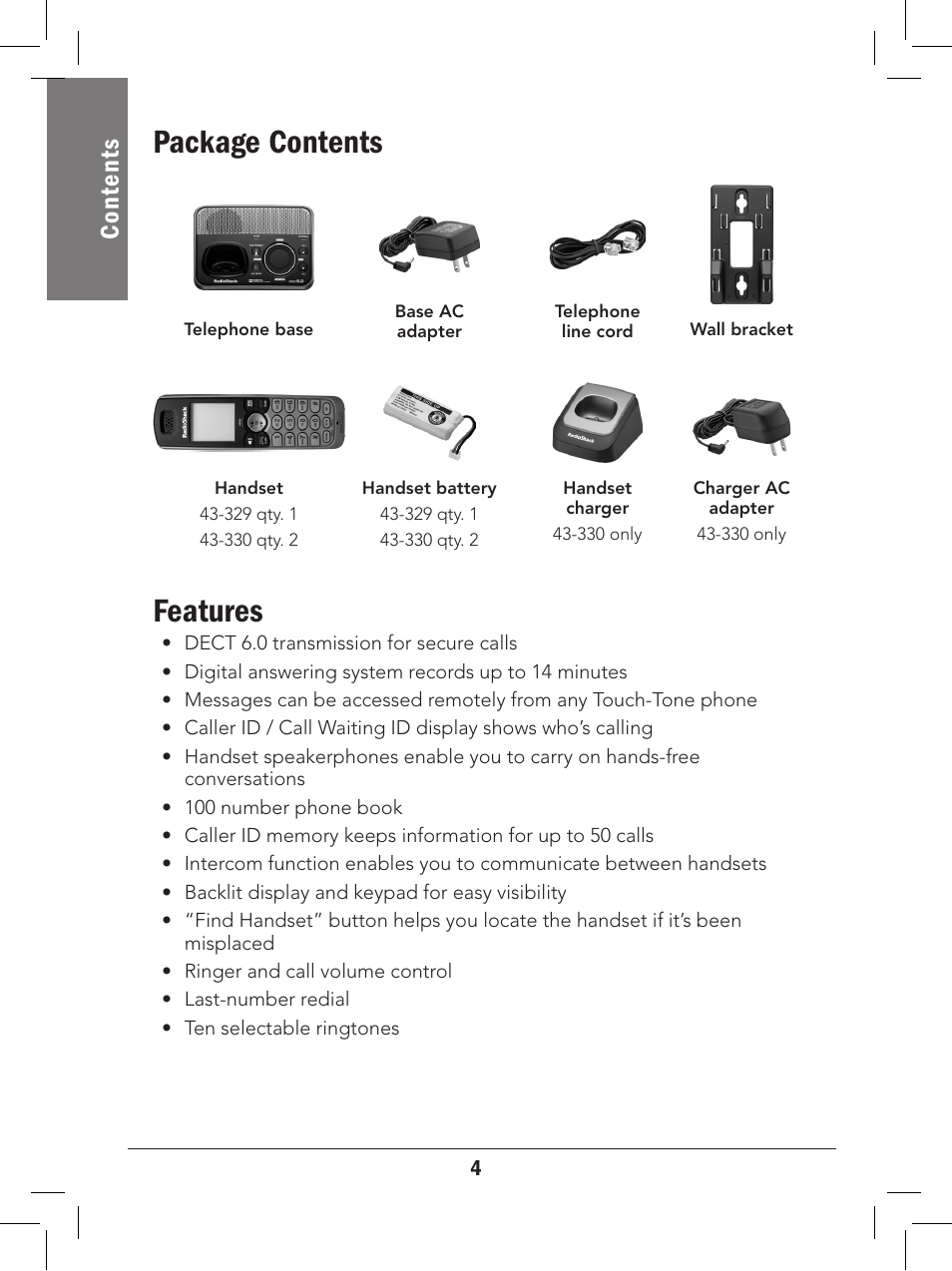 Package contents features, Con te nt s | Radio Shack 43-329 User Manual | Page 4 / 56