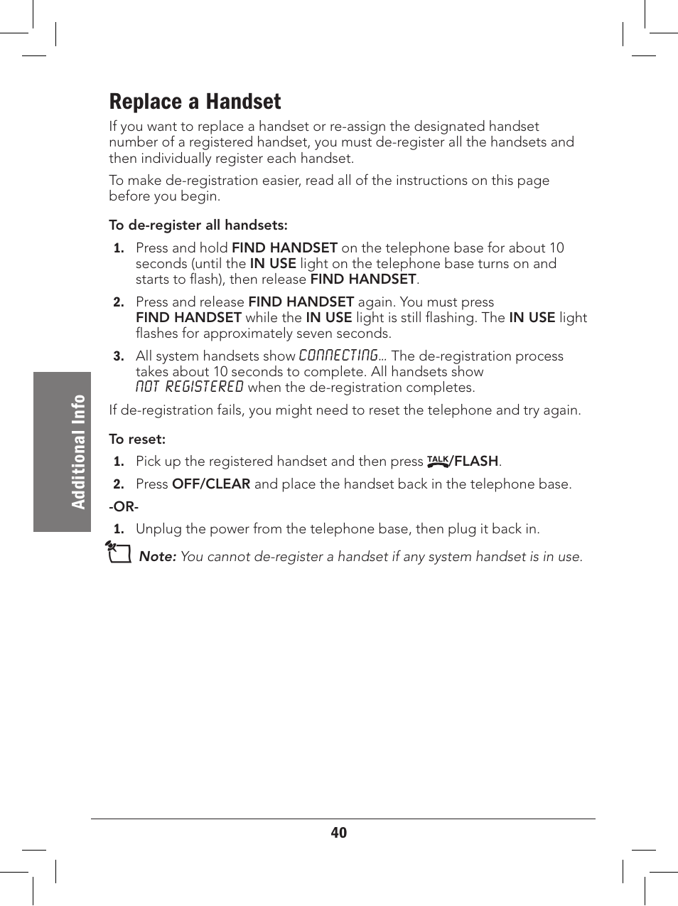 Replace a handset, Ad di ti on al i nf o | Radio Shack 43-329 User Manual | Page 40 / 56