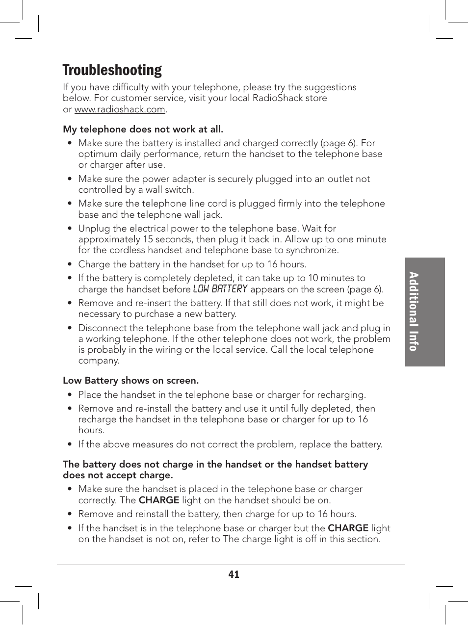 Troubleshooting, Ad dit io na l i nfo | Radio Shack 43-329 User Manual | Page 41 / 56