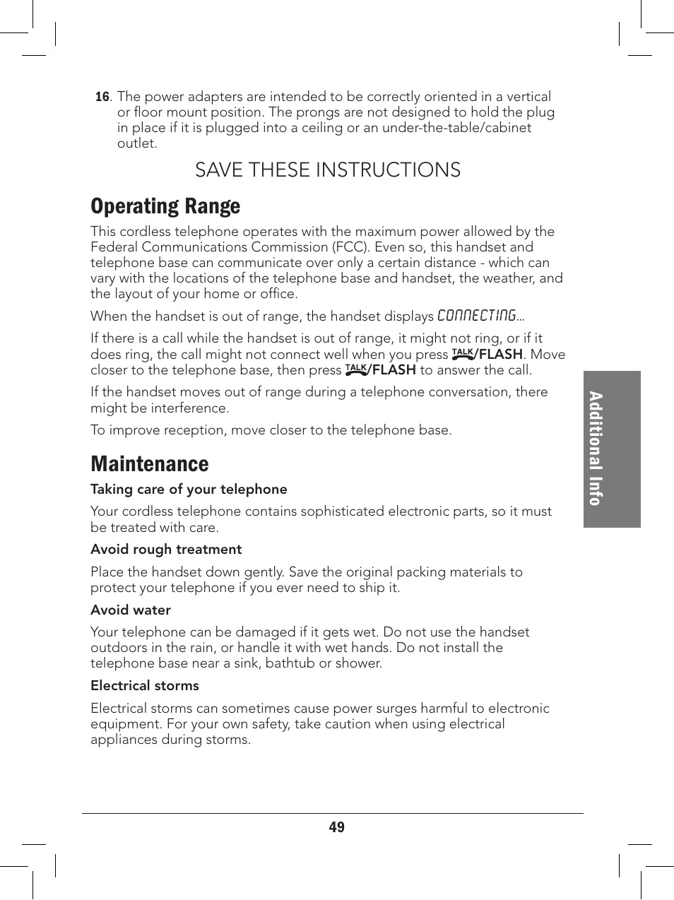 Operating range, Maintenance, Save these instructions | Ad dit io na l i nfo | Radio Shack 43-329 User Manual | Page 49 / 56