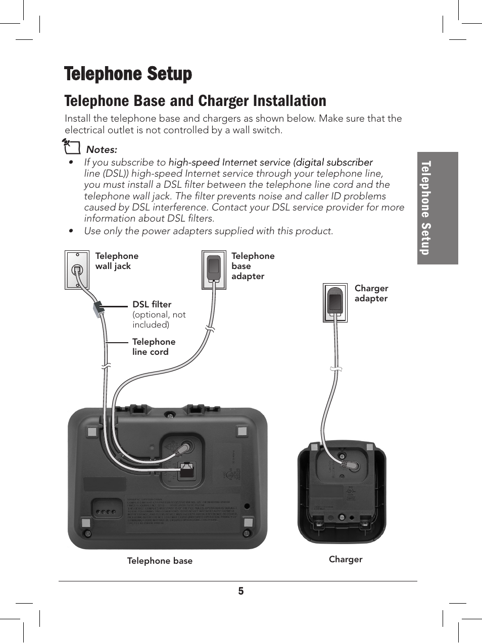 Telephone setup, Telephone base and charger installation, Te le ph on e s et up | Radio Shack 43-329 User Manual | Page 5 / 56