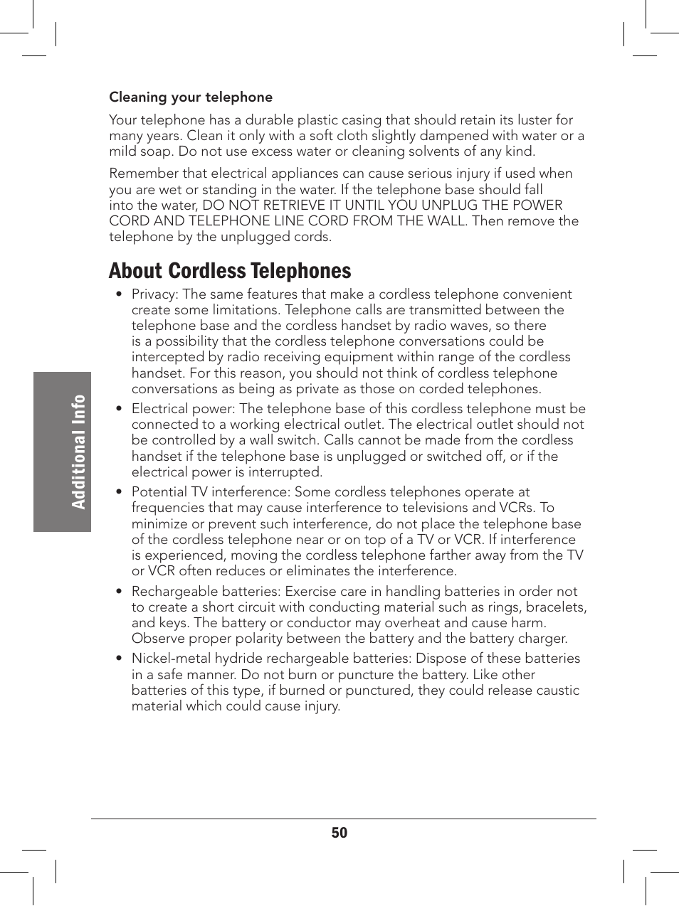 About cordless telephones, Ad di ti on al i nf o | Radio Shack 43-329 User Manual | Page 50 / 56