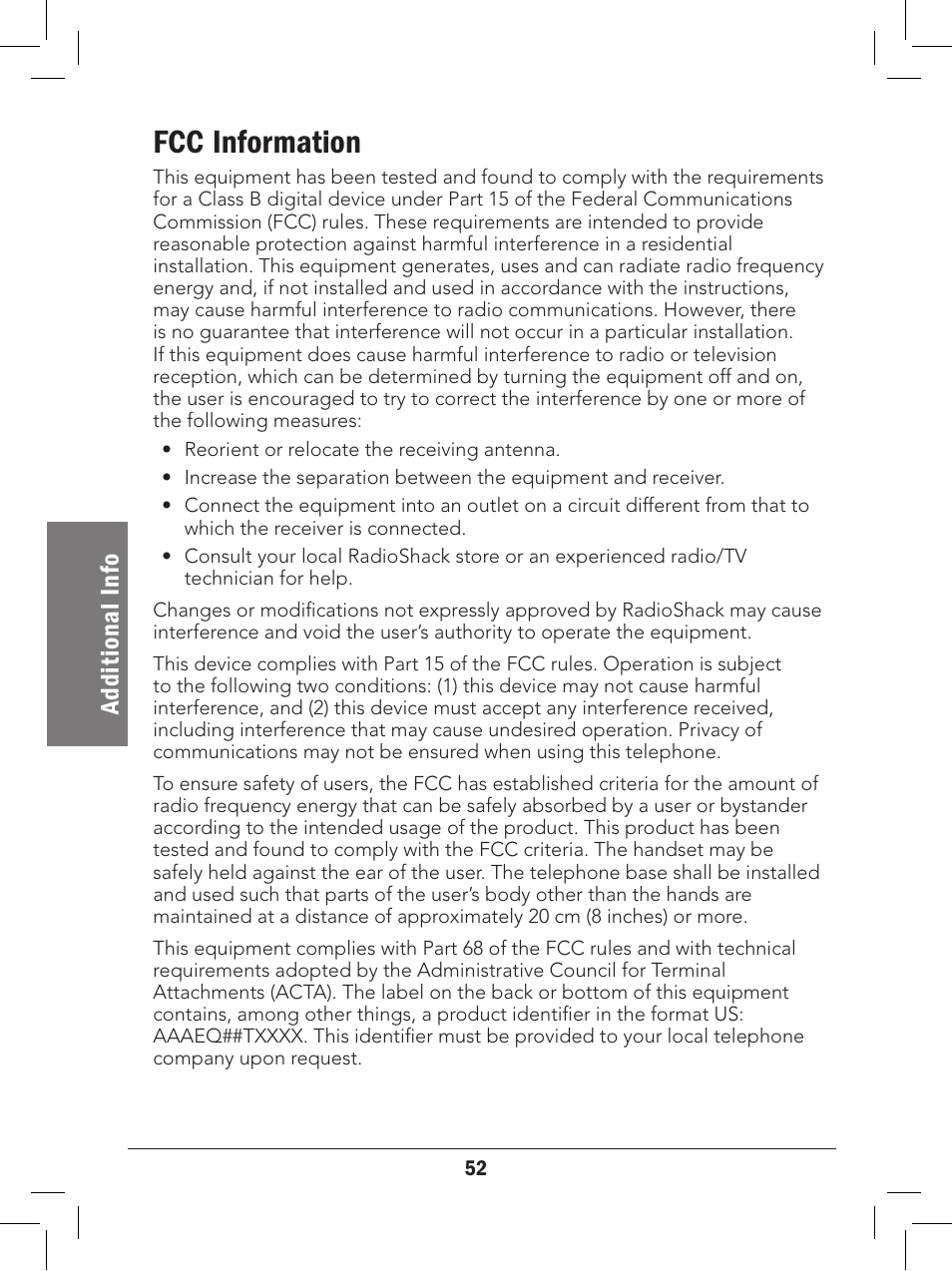 Fcc information, Ad di ti on al i nf o | Radio Shack 43-329 User Manual | Page 52 / 56