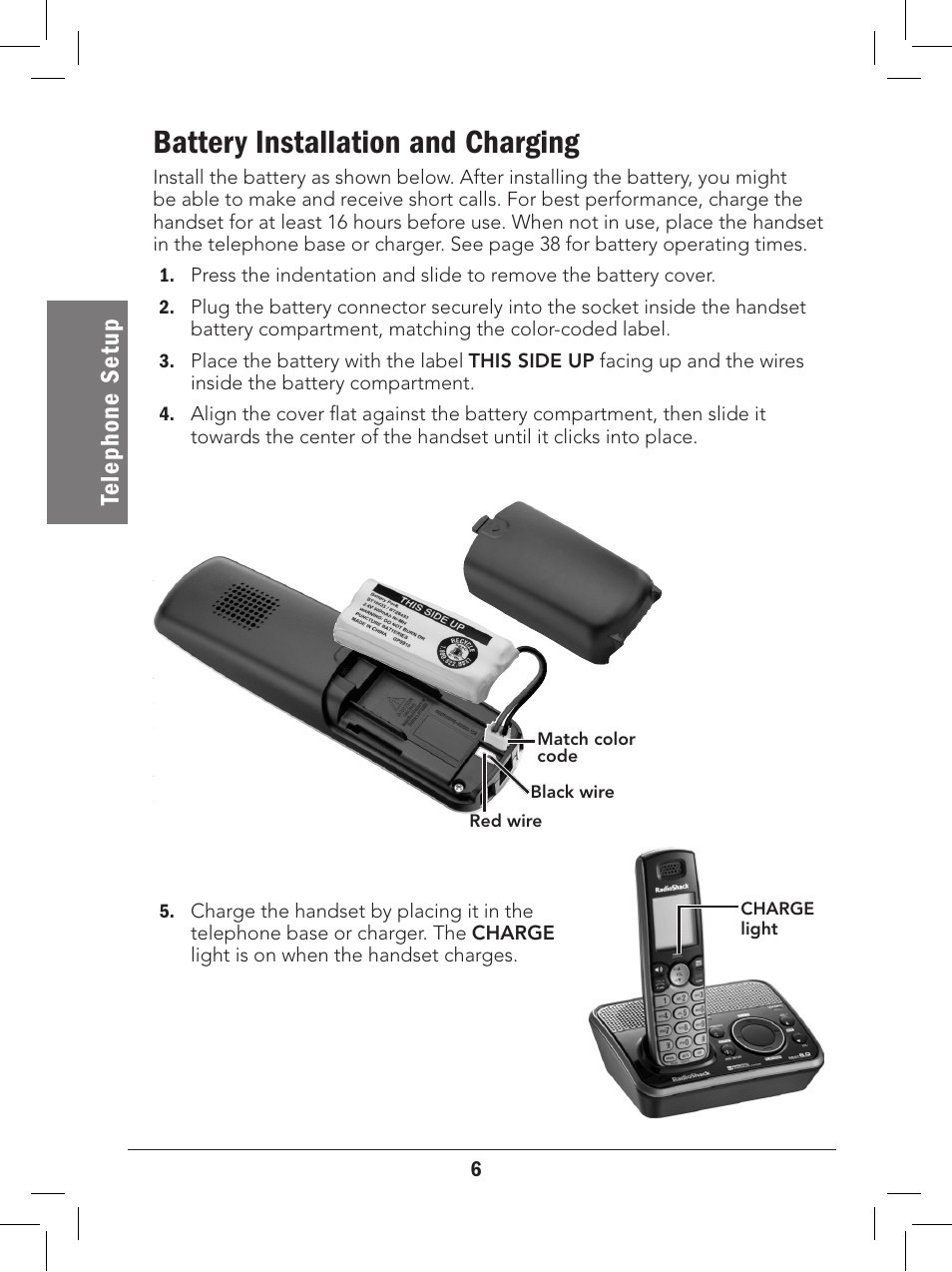 Battery installation and charging, Te le ph on e se tu p | Radio Shack 43-329 User Manual | Page 6 / 56