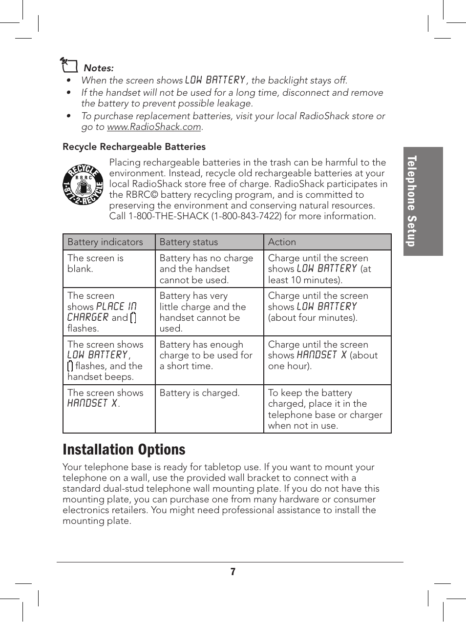 Installation options, Te le ph on e s et up | Radio Shack 43-329 User Manual | Page 7 / 56