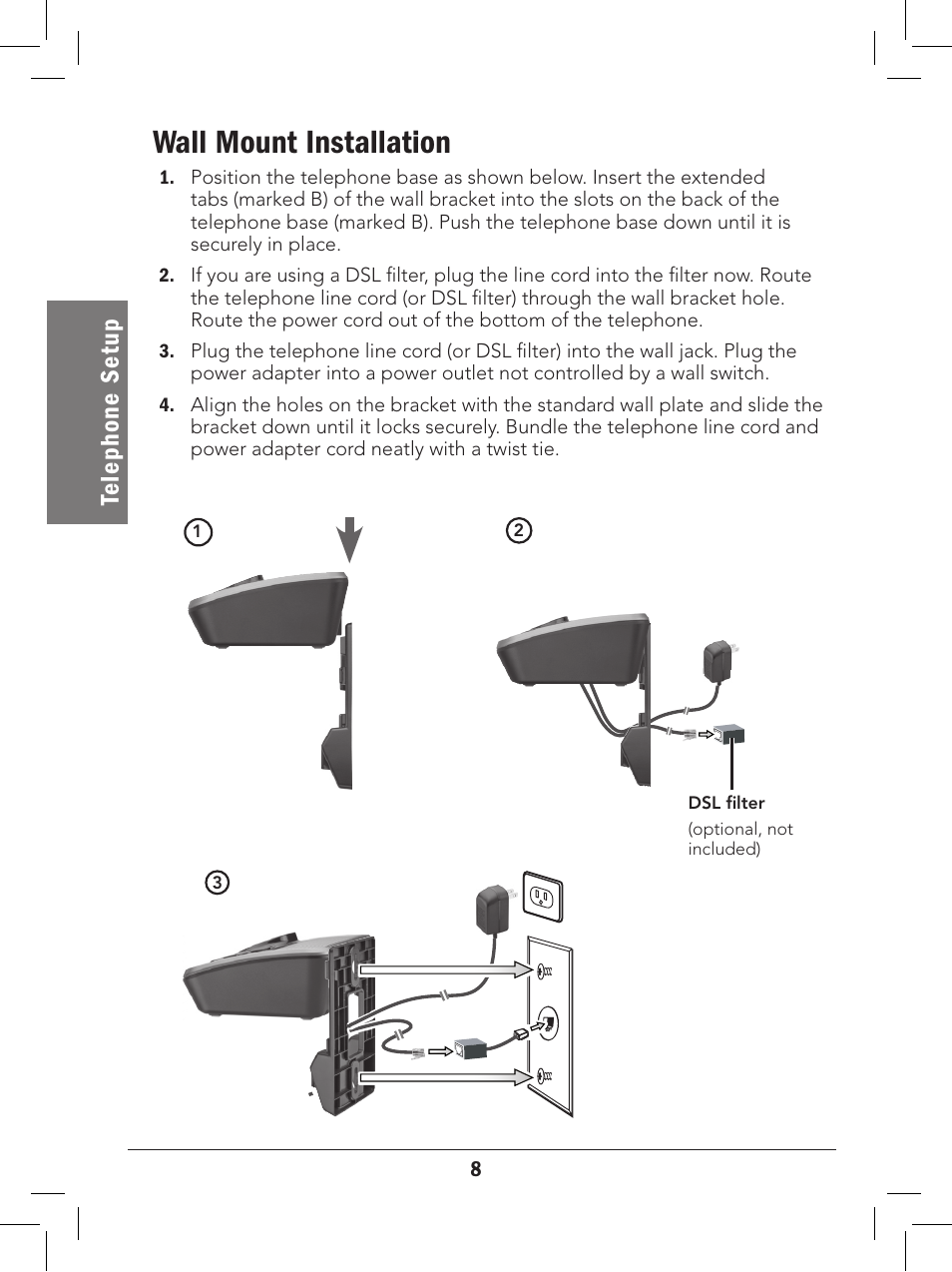 Wall mount installation, Te le ph on e se tu p | Radio Shack 43-329 User Manual | Page 8 / 56