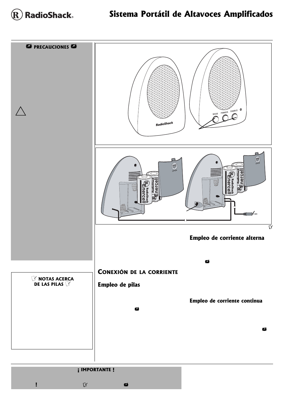 Sistema portátil de altavoces amplificados, Empleo de pilas, Empleo de corriente alterna | Empleo de corriente continua | Radio Shack 40-1437 User Manual | Page 3 / 4