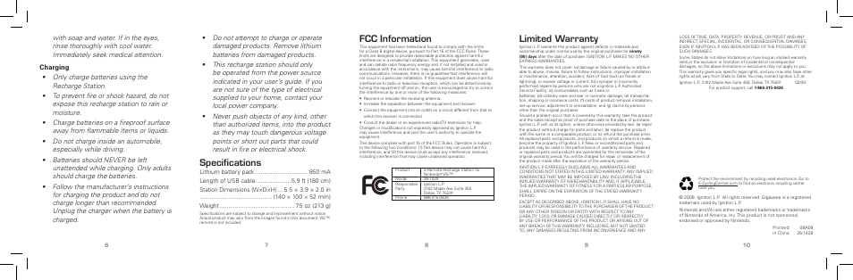 Limited warranty, Specifications, Fcc information | Radio Shack Gigaware 26-1429 User Manual | Page 2 / 2