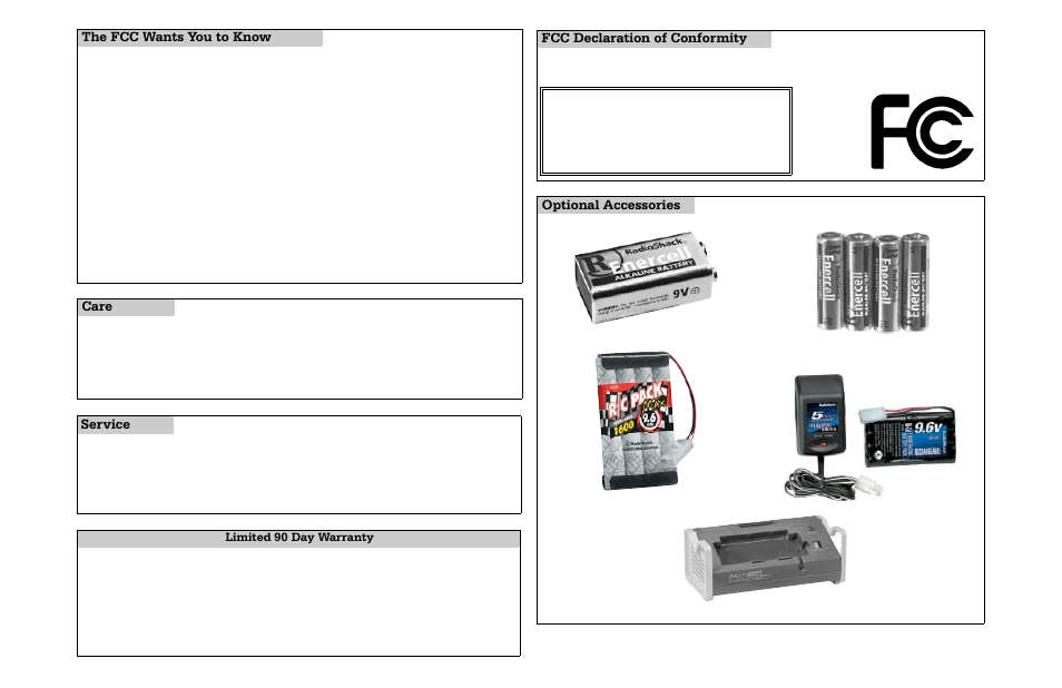 Optional accessories fcc declaration of conformity, Care, The fcc wants you to know | Service, Limited 90 day warranty | Radio Shack 60-4360 User Manual | Page 2 / 2