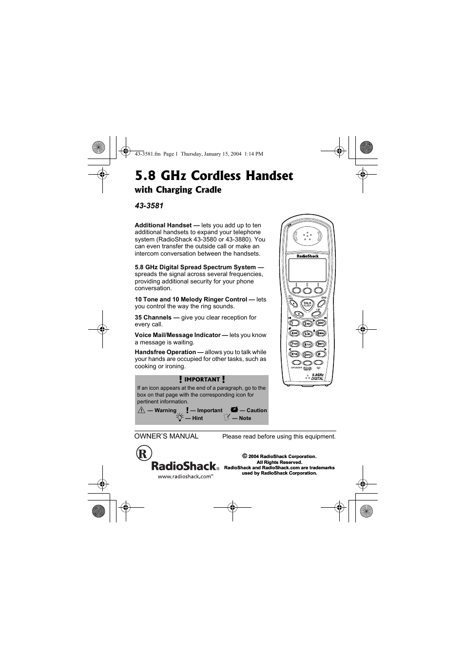 Radio Shack 43-3581 User Manual | 8 pages