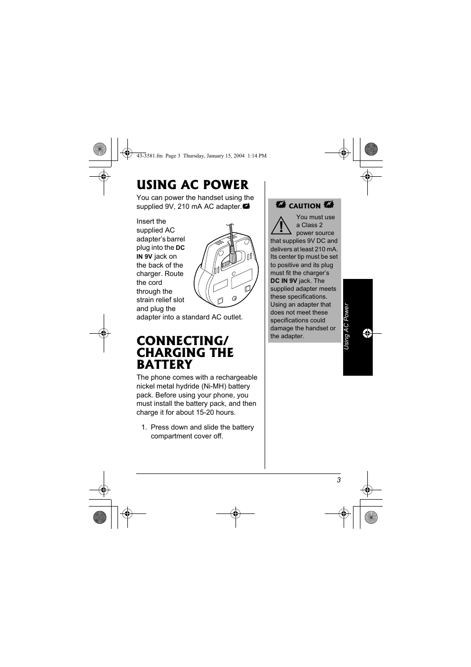 Using ac power connecting/charging the battery, Using ac power, Connecting/ charging the battery | Radio Shack 43-3581 User Manual | Page 3 / 8