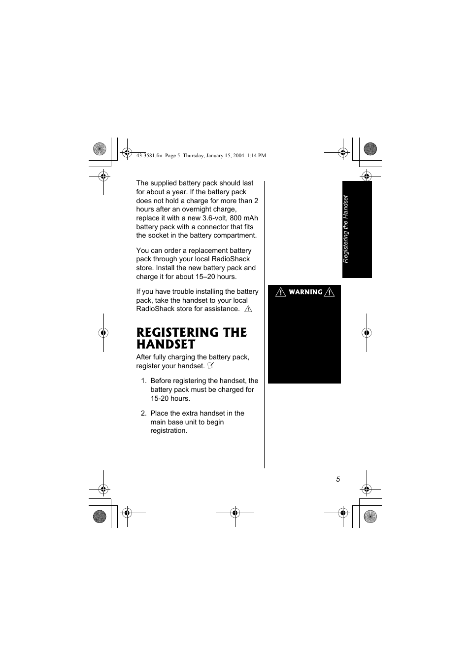 Registering the handset | Radio Shack 43-3581 User Manual | Page 5 / 8