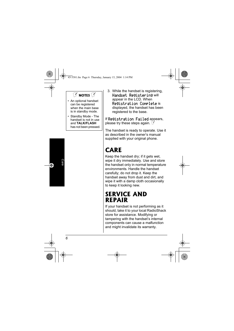 Care service and repair, Care, Service and repair | Radio Shack 43-3581 User Manual | Page 6 / 8