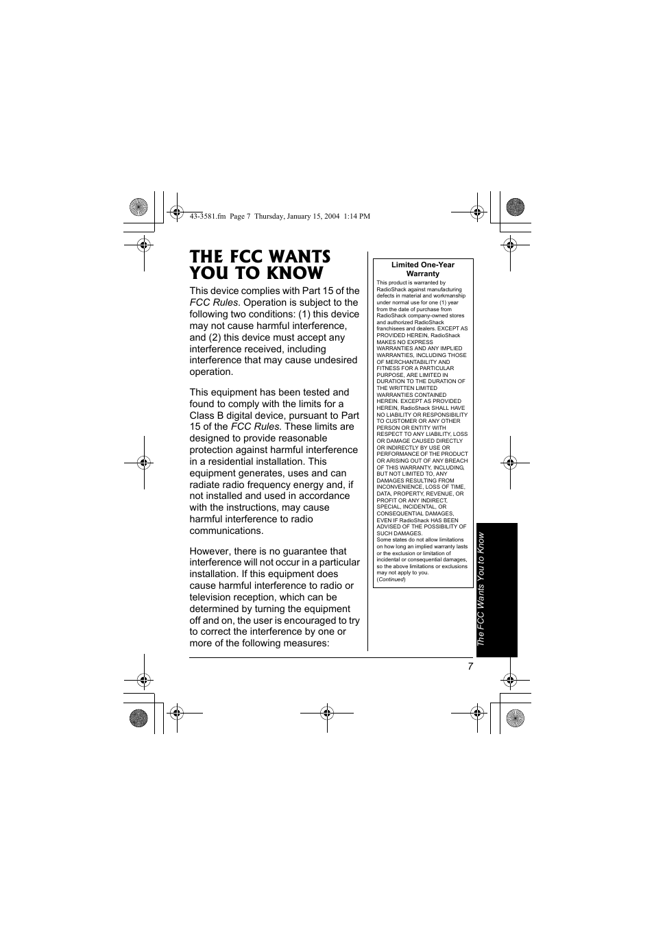 The fcc wants you to know | Radio Shack 43-3581 User Manual | Page 7 / 8