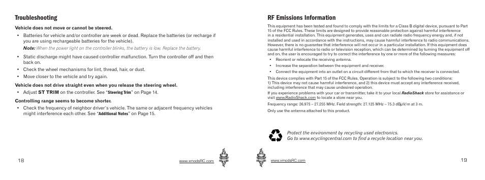 Troubleshooting, Rf emissions information | Radio Shack Xmods 60-391 User Manual | Page 10 / 11