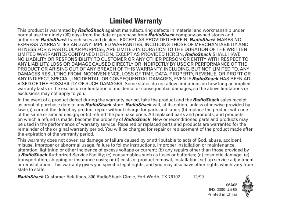 Limited warranty | Radio Shack Xmods 60-391 User Manual | Page 11 / 11