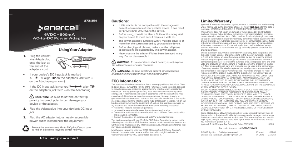 Radio Shack Enercell 273-354 User Manual | 1 page