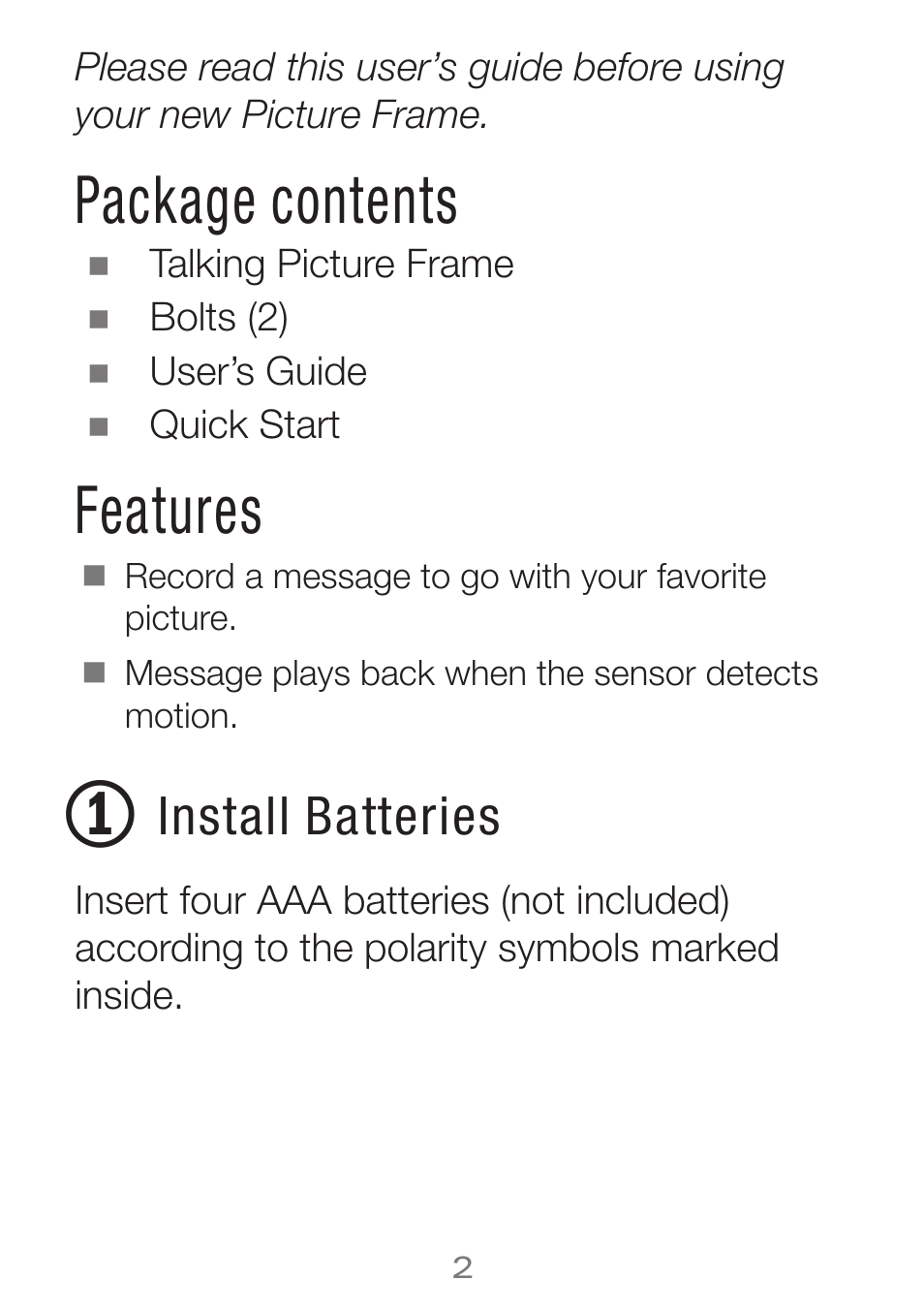 Package contents, Features, Install batteries | Radio Shack 63-234 User Manual | Page 2 / 8