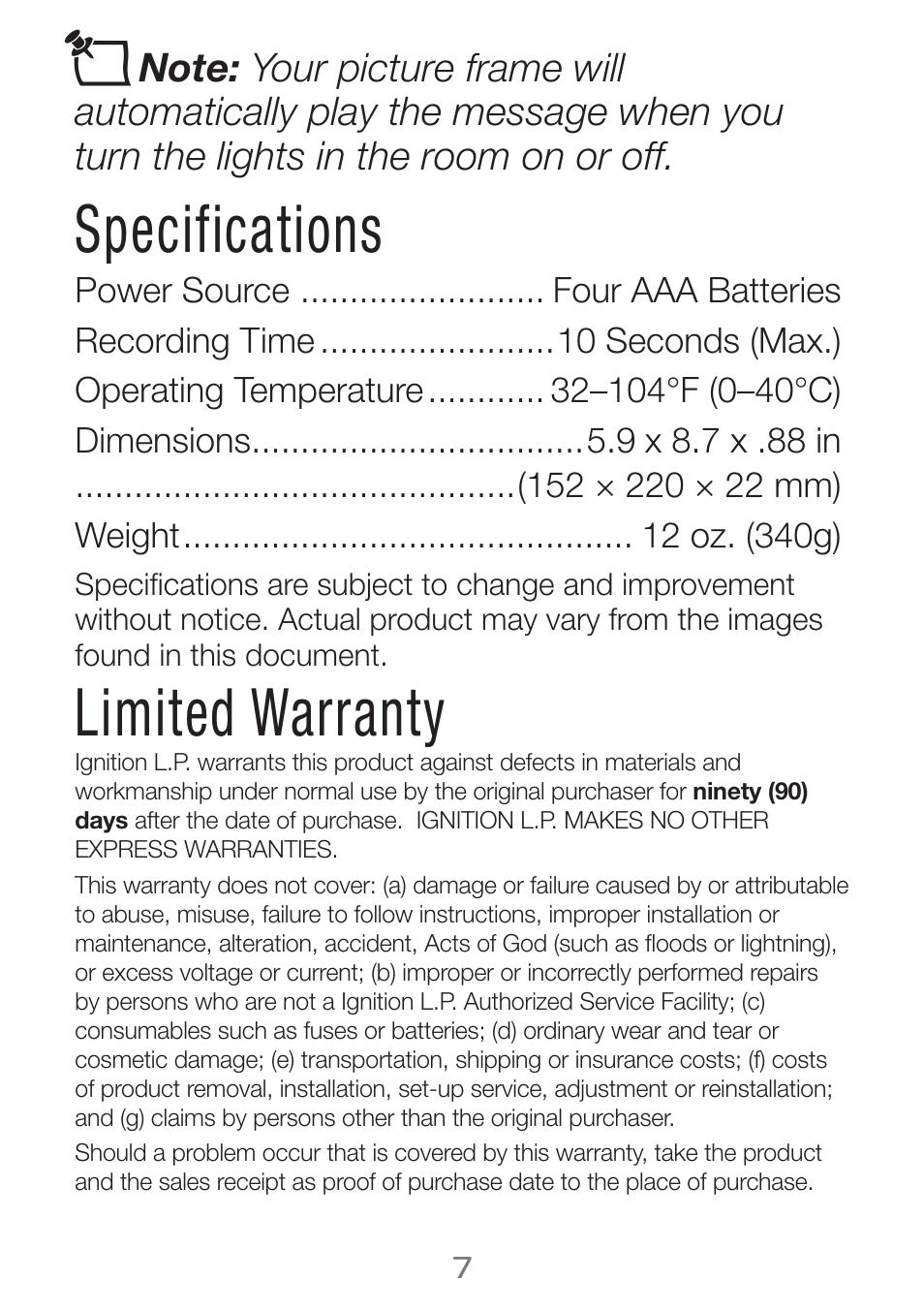 Specifications, Limited warranty | Radio Shack 63-234 User Manual | Page 7 / 8