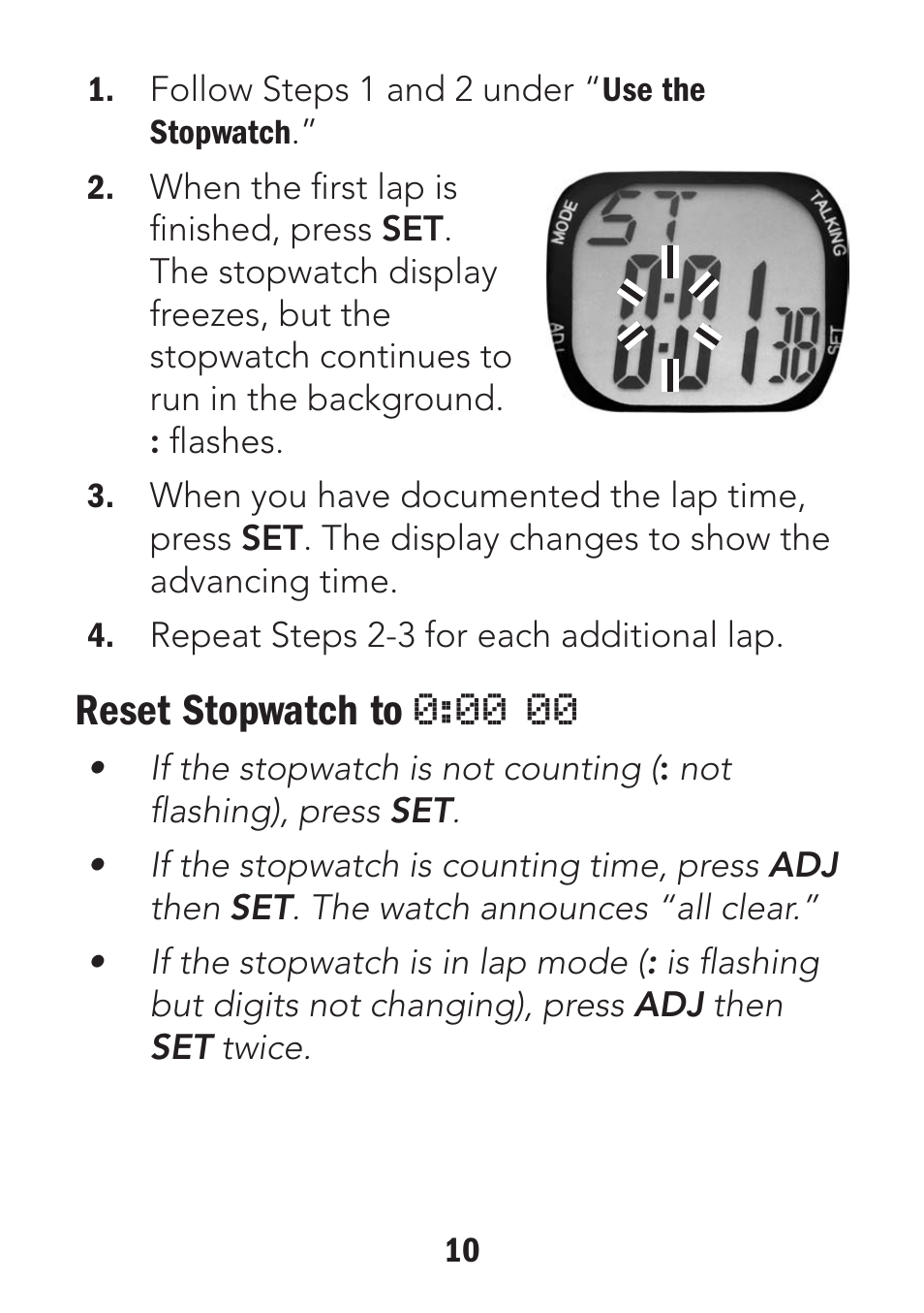 Reset stopwatch to | Radio Shack 63-255 User Manual | Page 10 / 14