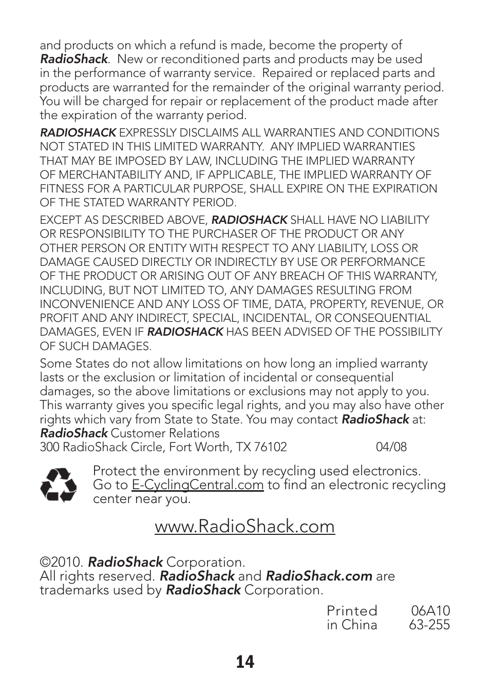 Radio Shack 63-255 User Manual | Page 14 / 14