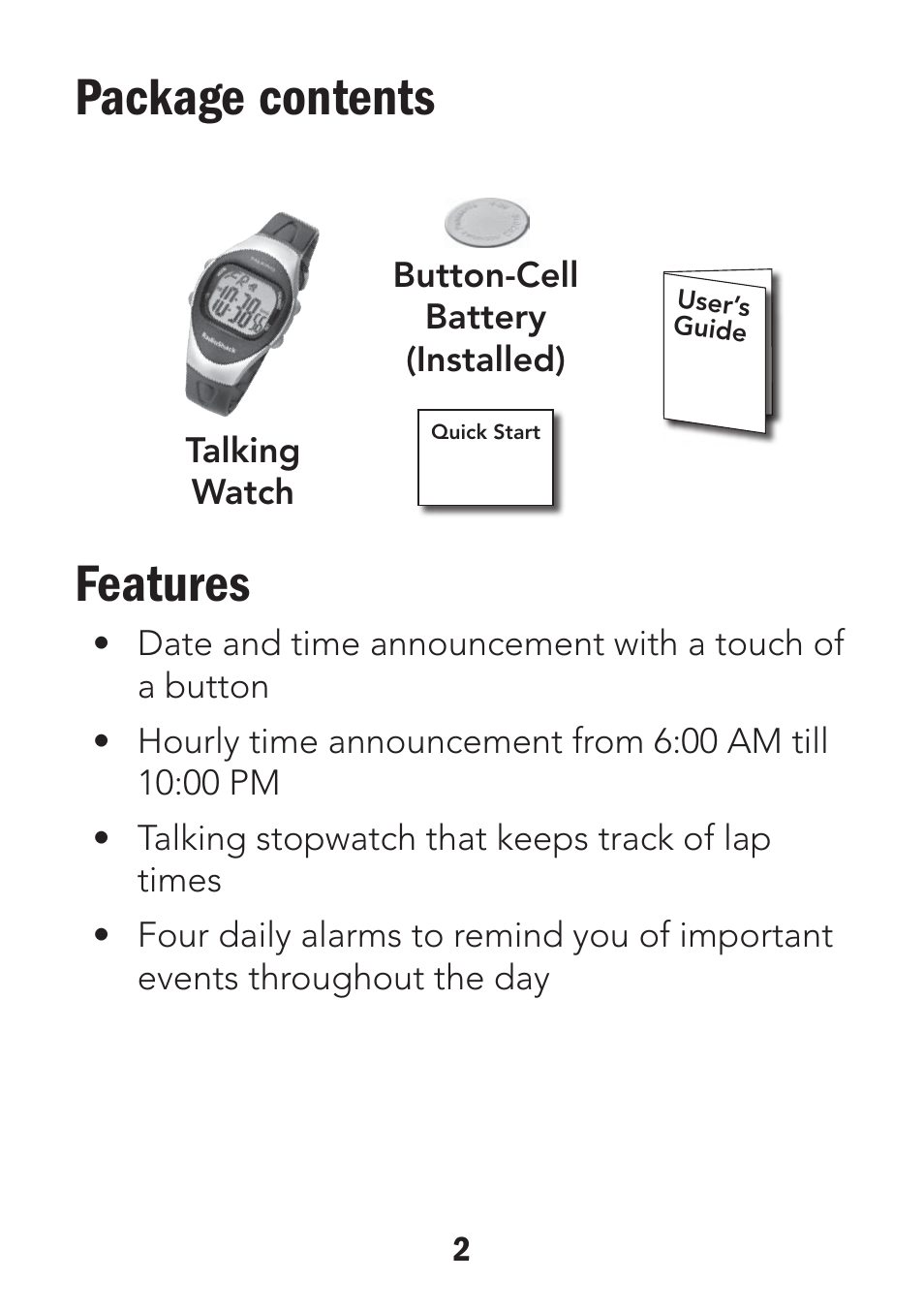 Package contents features | Radio Shack 63-255 User Manual | Page 2 / 14