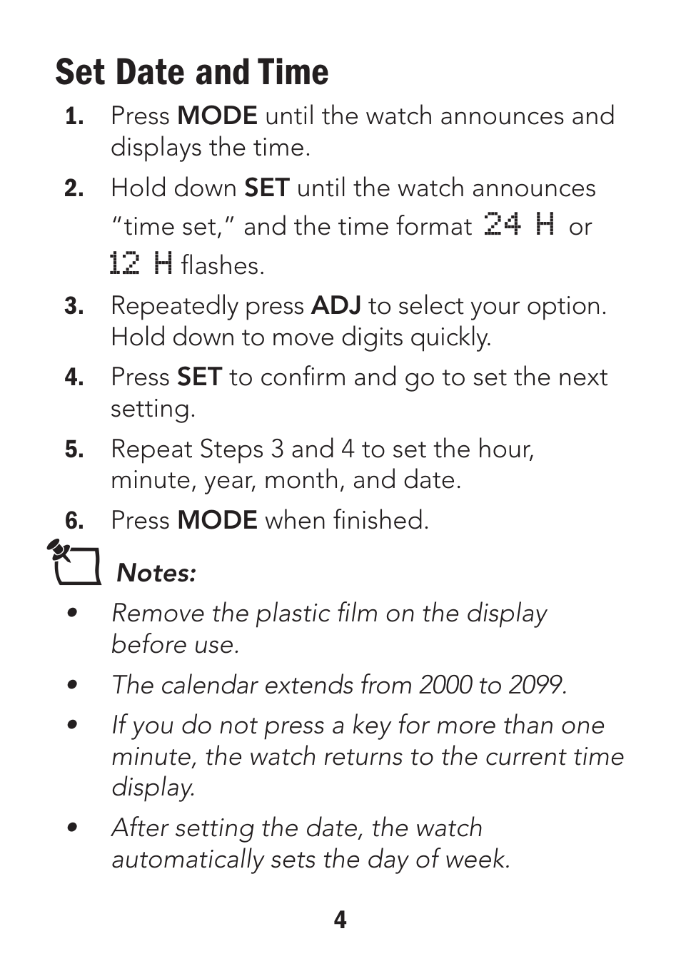 Set date and time | Radio Shack 63-255 User Manual | Page 4 / 14