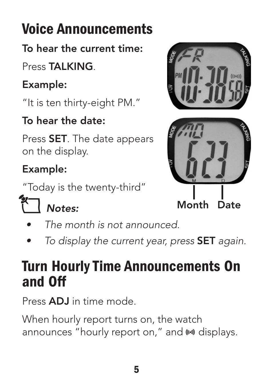 Voice announcements, Turn hourly time announcements on and off | Radio Shack 63-255 User Manual | Page 5 / 14
